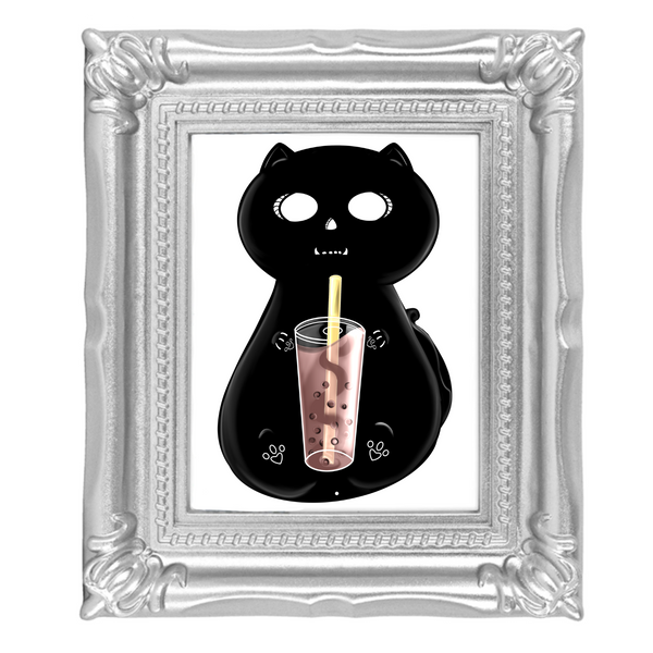 Neverending Stickers - Framed Mini Print - Skeletal Beans The Cat And Boba Tea - 4x3.5 in Frame -