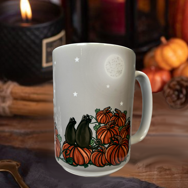 Neverending Stickers - 15oz Ceramic Coffee Mug - Friendly Ghost - Black Cat Beans - Pumpkins
