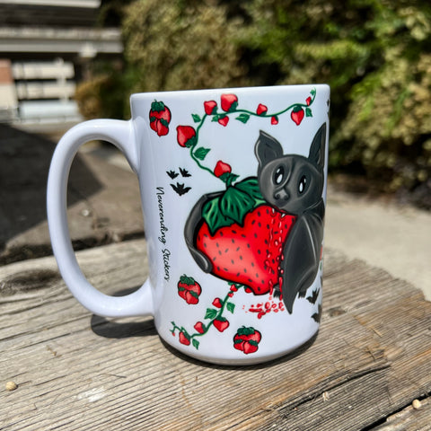 (Neverending Stickers - 15oz Ceramic Coffee Mug - Strawberry Bat - Milk