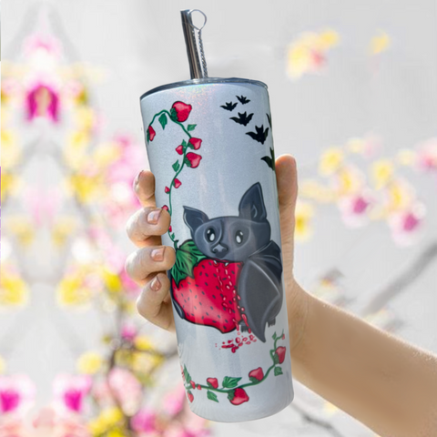 Neverending Stickers - 20oz Tumbler - Pink Strawberry Cute Blood Sucking Bat - Iridescent Sparkle