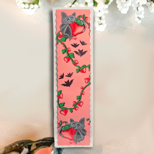 Neverending Stickers - Cute Bat Sucking Pink Strawberry  -  Foiled Bookmark - 8x10x2in