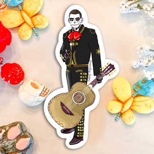 Neverending Stickers - Dia De Los Muertos Mariachi Band - Male Guitarron Player - Vinyl Sticker Or Magnet - 4x2in