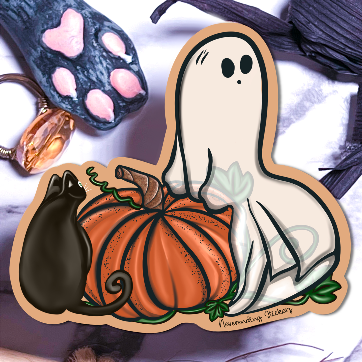 Neverending Stickers - Halloween Pumpkin - Lost Ghost With Friendly Black Cat - Vinyl Sticker Or Magnet 3x3in