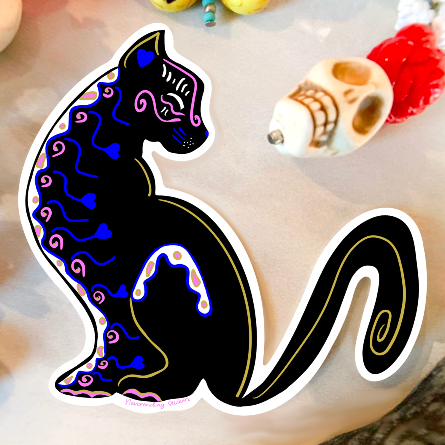 Neverending Stickers - Day Of Dead Black Cat - 3.5x2.6in - Vinyl Sticker Or Magnet - Dia De Los Muertos