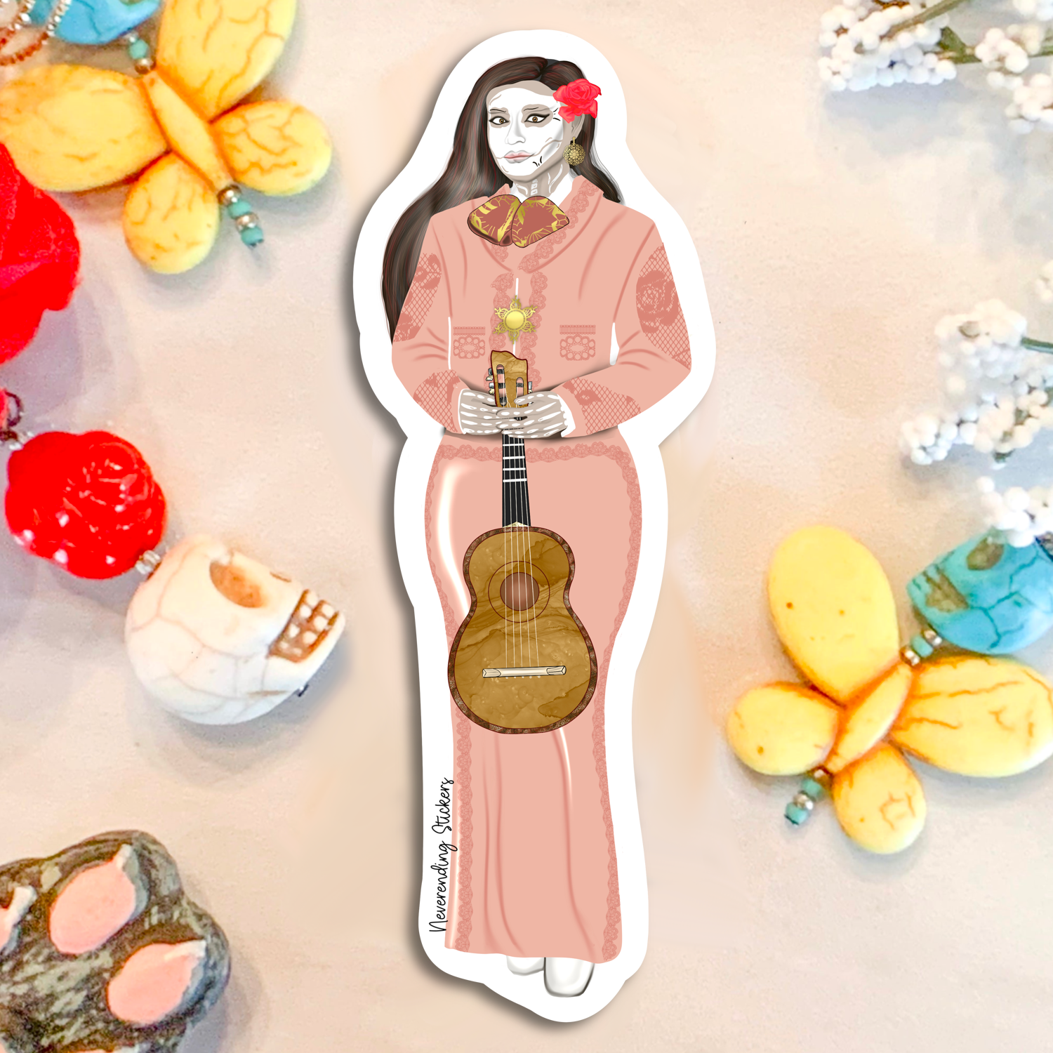 Neverending Stickers - Dia De Los Muertos Mariachi Band - Female Vihuela Player - Vinyl Sticker Or Magnet - 4.25x1.55in