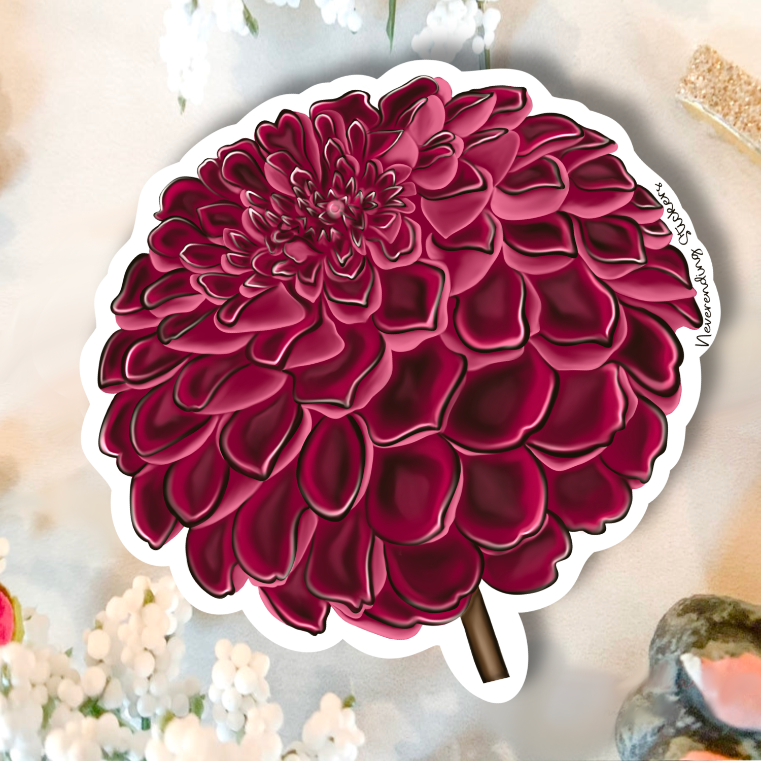 Neverending Stickers - Maroon Red Dahlia Flower - Vinyl Sticker Or Magnet - 3x3in