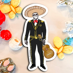 Neverending Stickers - Dia De Los Muertos Mariachi Band - Male Vihuela Player - Vinyl Sticker Or Magnet - 4x2.15in