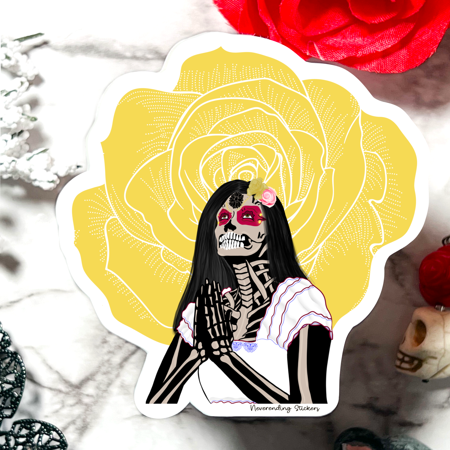 Neverending Stickers - Day Of The Dead - Yellow Rose Praying Catrina 3.5x3.4in - Vinyl Sticker Or Magnet - Dia De Los Muertos