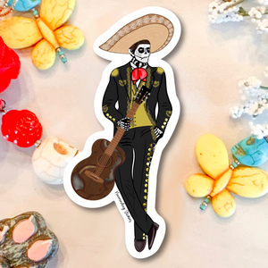 Neverending Stickers - Dia De Los Muertos Mariachi Band - Guitar Player - Vinyl Sticker Or Magnet - 4x2in