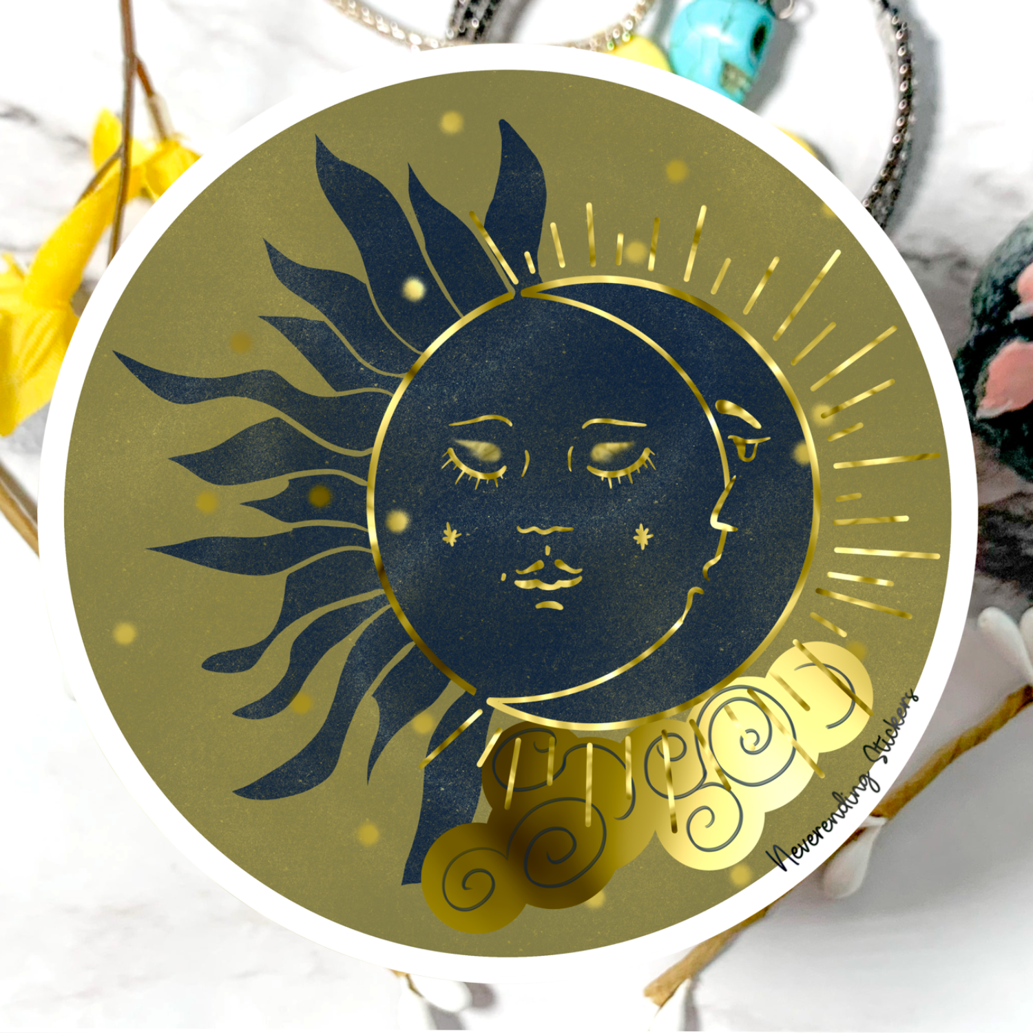 Neverending Stickers - Celestial Golden Blue Summer Solstice Sun & Moon -Glossy Vinyl Sticker Or Magnet - 3.5x3.5in