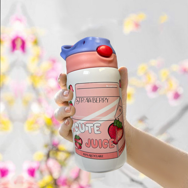 Neverending Stickers - 12oz Water Bottle Sippy Cup - Pink Strawberry - Cute Juice - Kawaii
