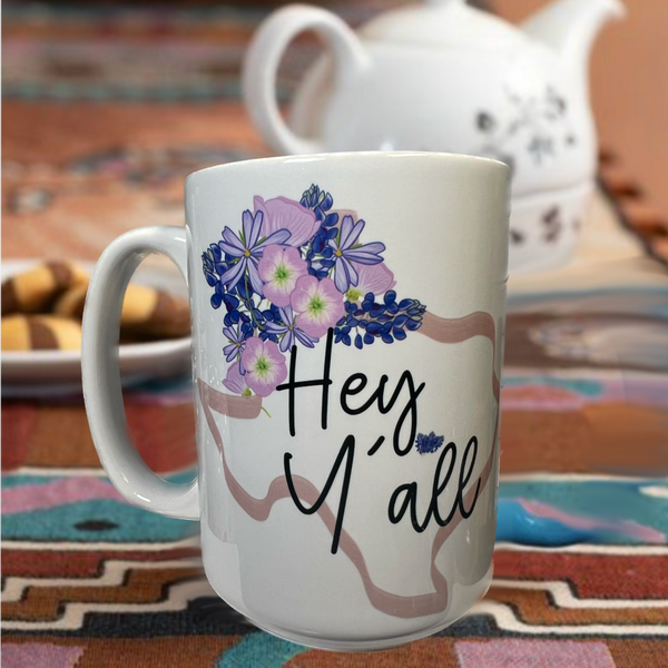 Neverending Stickers - 15oz Ceramic Coffee Mug - Texas Hey Y’all - Spring Flowers Bluebonnets