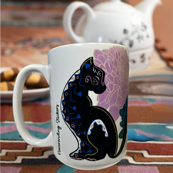 Neverending Stickers - 15oz Ceramic Coffee Mug - Black Cat Purple Blue Floral - Dia De Los Muertos - Day Of The Dead