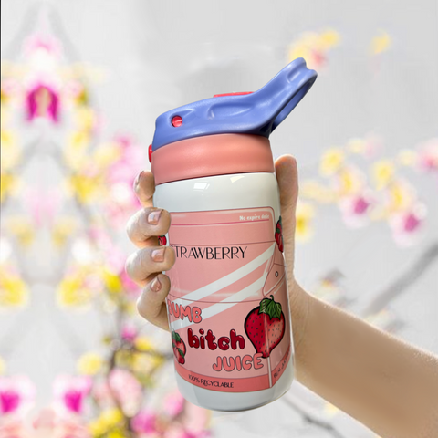 Neverending Stickers - 12oz Water Bottle Sippy Cup - Pink Strawberry - Dumb Bitch Juice - Kawaii