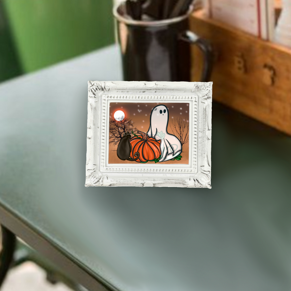Neverending Stickers - Framed Mini Print - Beans The Cat And Friendly Ghost - 4x3.5 in Frame -