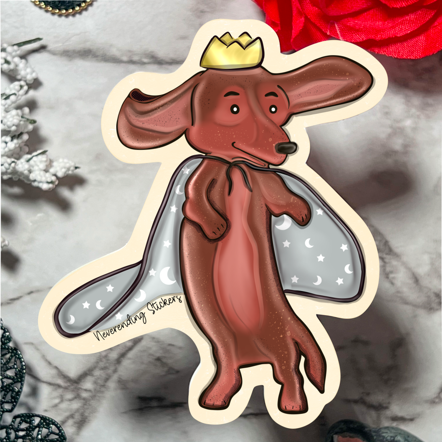 Neverending Stickers - Dauchshund Caped King - 3.25x3in - Vinyl Sticker Or Magnet - Dia De Los Muertos