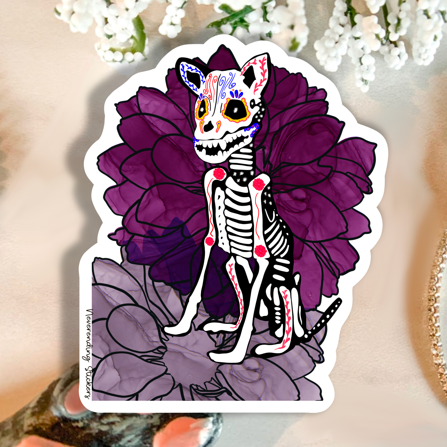 Neverending Stickers - Day Of Dead Floral Dog - 3.25x3in - Vinyl Sticker Or Magnet - Dia De Los Muertos