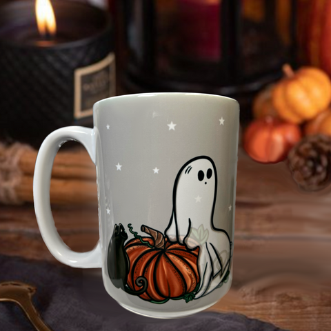 Neverending Stickers - 15oz Ceramic Coffee Mug - Friendly Ghost - Black Cat Beans - Pumpkins