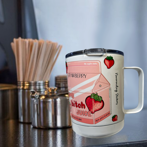 Neverending Stickers - 10oz Stainless Steal Coffee Cup - Pink Strawberry - Dumb Bitch Juice