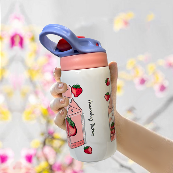 Neverending Stickers - 12oz Water Bottle Sippy Cup - Pink Strawberry - Cute Juice - Kawaii