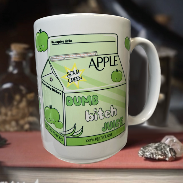 Neverending Stickers - 15oz Ceramic Coffee Mug - Green Sour Apple Dumb Bitch Juice - Kawaii