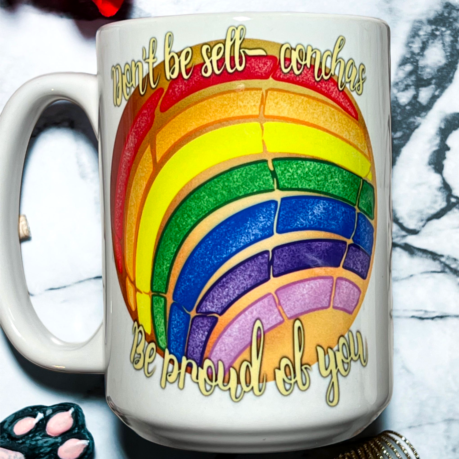 Neverending Stickers - 15oz Ceramic Coffee Mug - ‘Don’t Be Self Concha’s - Be Proud Of You” - Rainbow Concha