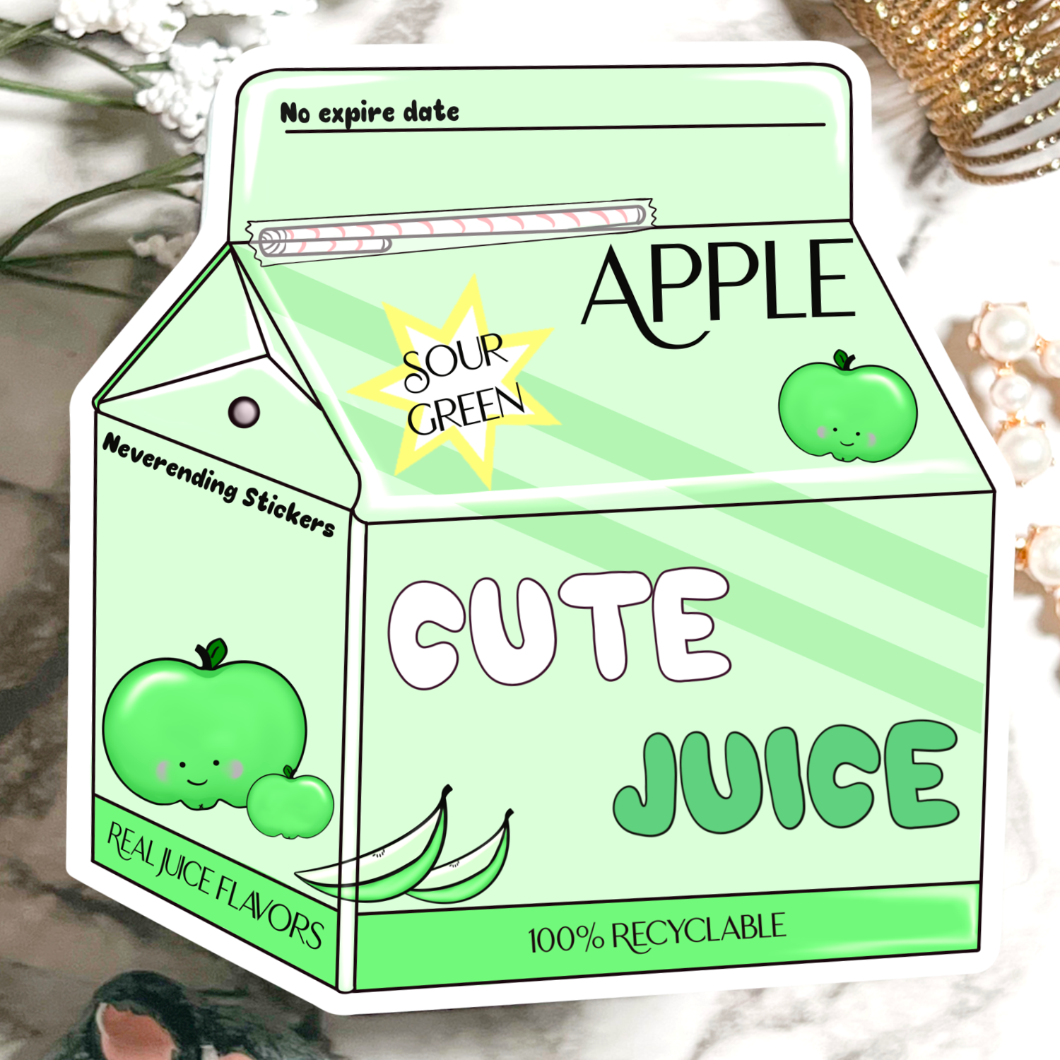 Neverending Stickers - Cute Juice - Green Sour Apple Flavor - Vinyl Sticker Or Magnet - 3.2x3.in - Kawaii