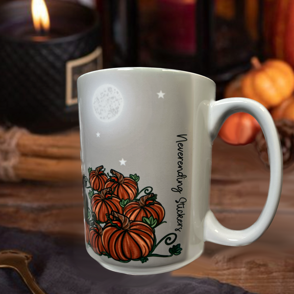 Neverending Stickers - 15oz Ceramic Coffee Mug - Friendly Ghost - Black Cat Beans - Pumpkins