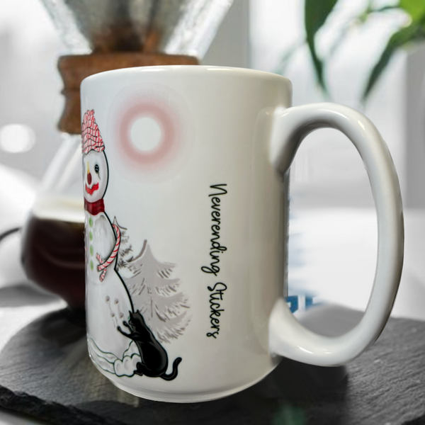 Neverending Stickers - 15oz Ceramic Coffee Mug - Messy Snowman - Black Cat Beans