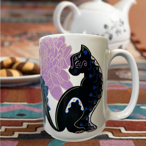 Neverending Stickers - 15oz Ceramic Coffee Mug - Black Cat Purple Blue Floral - Dia De Los Muertos - Day Of The Dead