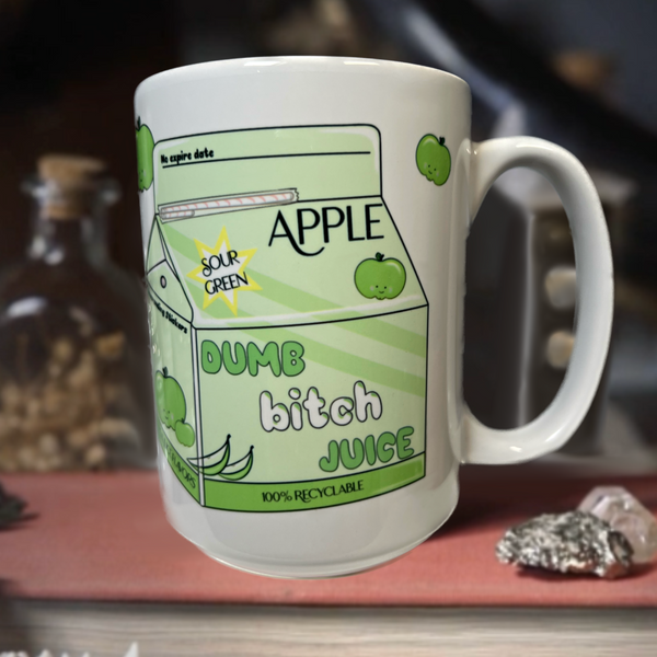 Neverending Stickers - 15oz Ceramic Coffee Mug - Green Sour Apple Dumb Bitch Juice - Kawaii