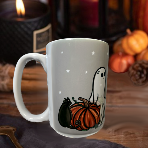 Neverending Stickers - 15oz Ceramic Coffee Mug - Friendly Ghost - Black Cat Beans - Pumpkins
