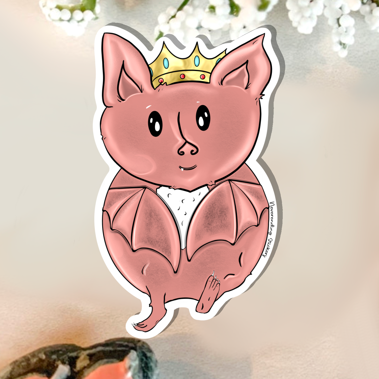 Neverending Stickers - Pink Cute Bat King -  Vinyl Sticker Or Magnet -3.8x2.25in