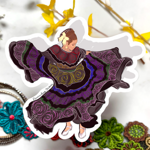 Neverending Stickers - Ballet Folklorico Dancer - Vinyl Sticker Or Magnet - 3.35x3in - Black Dress - Colorful Flowers