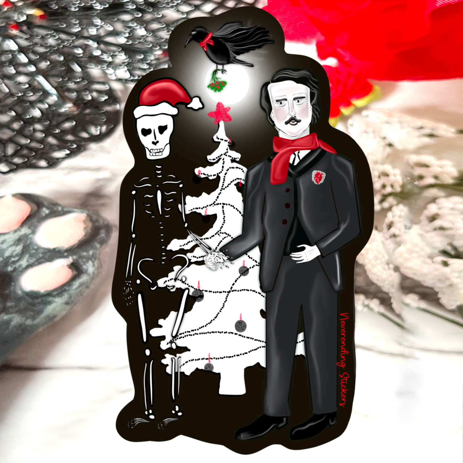 Neverending Stickers - Edgar Allan Poe Creepy Christmas Skeleton Hand - 3.75x2.8in - Vinyl Sticker or Magnet .