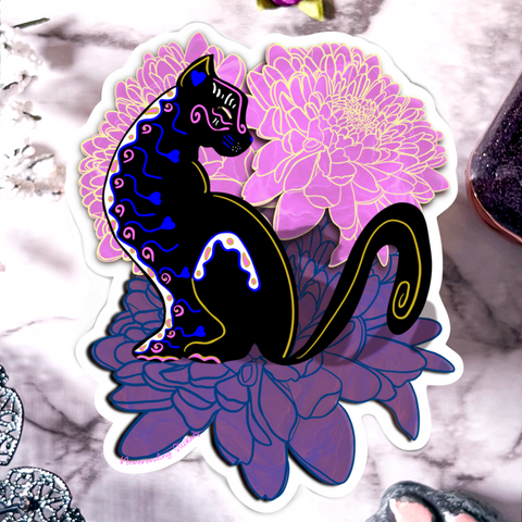 Neverending Stickers - Day Of Dead Floral Black Cat - 3.5x3in- Vinyl Sticker Or Magnet - Dia De Los Muertos