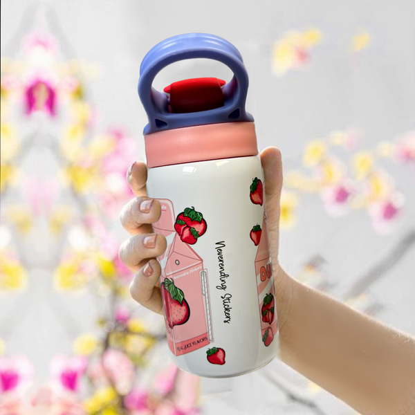 Neverending Stickers - 12oz Water Bottle Sippy Cup - Pink Strawberry - Dumb Bitch Juice - Kawaii