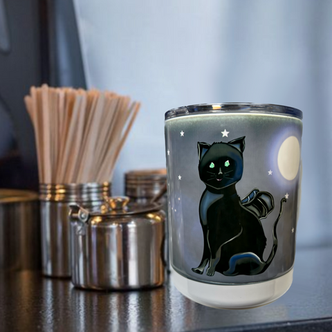 Neverending Stickers - 10oz Stainless Steal Coffee Cup - Black Gargoyle Cat With Wizard Mouse
