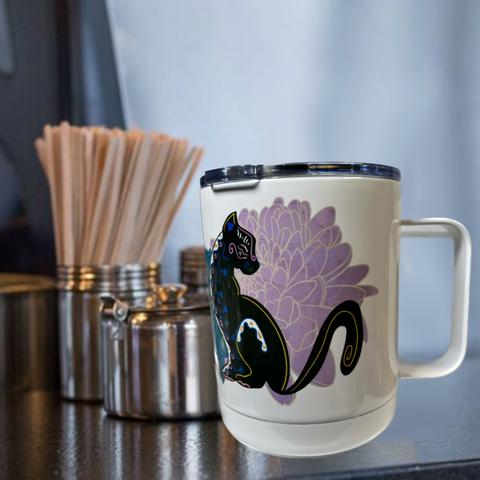 Neverending Stickers - 10oz Stainless Steal Coffee Cup - Black Cat Purple Blue Floral - Dia De Los Muertos - Day Of The Dead