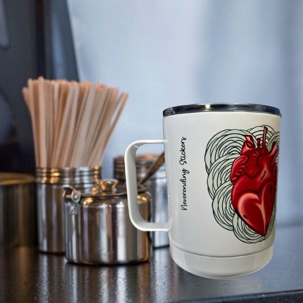 Neverending Stickers - 10oz Stainless Steal Coffee Cup -Anatomical Heart With Ranunculus Flowers