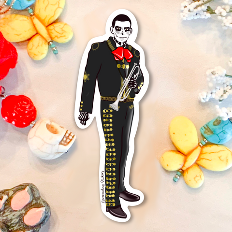 Neverending Stickers - Dia De Los Muertos Mariachi Band - Trumpet Player - Vinyl Sticker Or Magnet - 4x2in