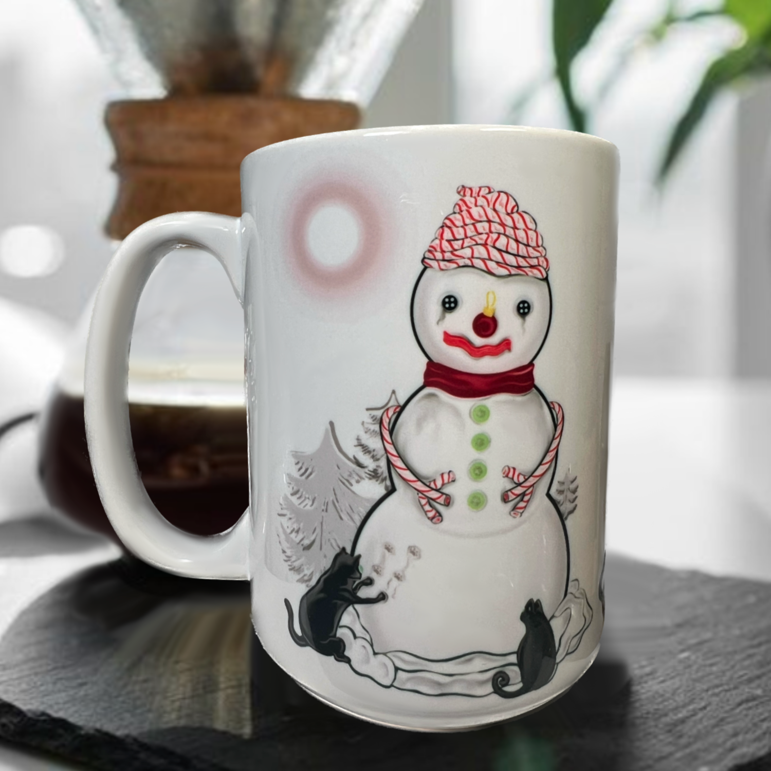 Neverending Stickers - 15oz Ceramic Coffee Mug - Messy Snowman - Black Cat Beans