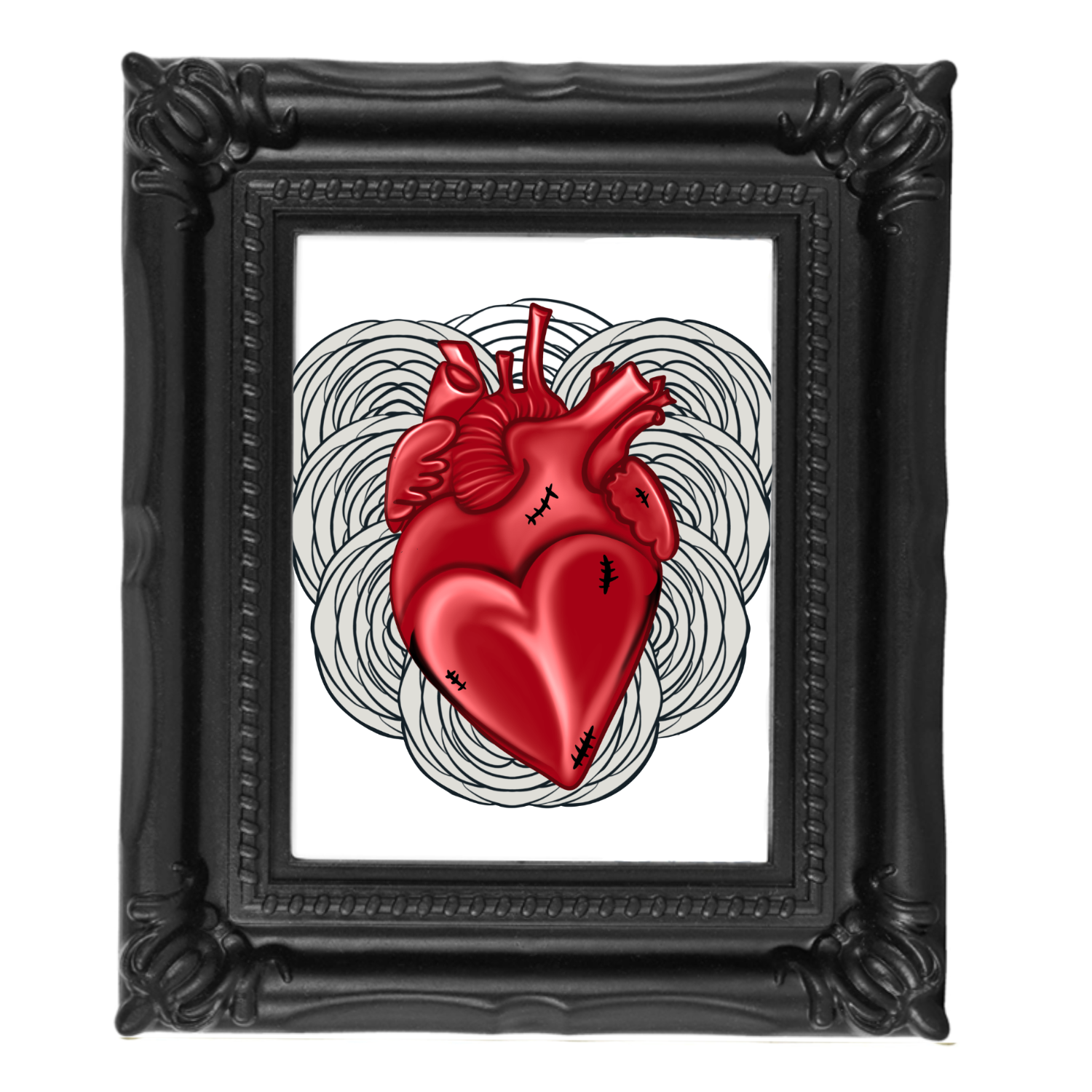 Neverending Stickers - Framed Mini Print - Anatomical Heart With Ranunculus Flowers - 4x3.5 in Frame -