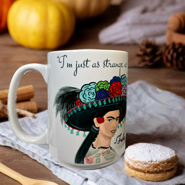Neverending Stickers - 15oz Ceramic Coffee Mug - Frida Kahlo “I’m Just As Strange As You” - Dia De Los Muertos - Day Of The Dead