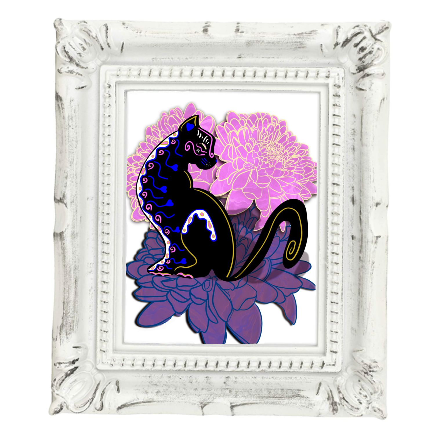 Neverending Stickers - Framed Mini Print - Dia De Los Muertos - Black Cat - 4x3.5 in Frame -