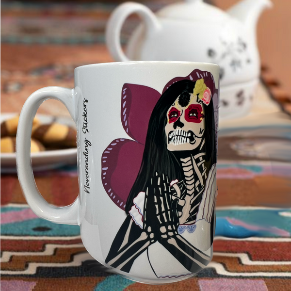 Neverending Stickers - 15oz Ceramic Coffee Mug  - Praying Catrina Purple Floral - Dia De Los Muertos - Day of the Dead