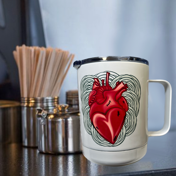 Neverending Stickers - 10oz Stainless Steal Coffee Cup -Anatomical Heart With Ranunculus Flowers