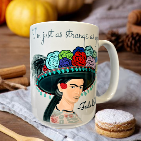 Neverending Stickers - 15oz Ceramic Coffee Mug - Frida Kahlo “I’m Just As Strange As You” - Dia De Los Muertos - Day Of The Dead