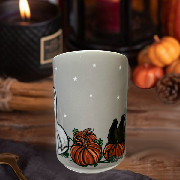 Neverending Stickers - 15oz Ceramic Coffee Mug - Friendly Ghost - Black Cat Beans - Pumpkins