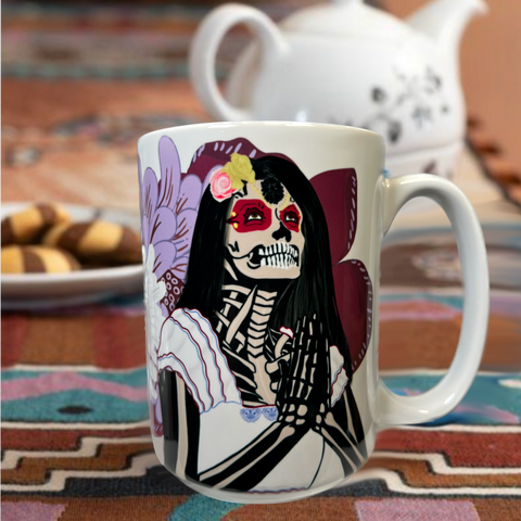 Neverending Stickers - 15oz Ceramic Coffee Mug  - Praying Catrina Purple Floral - Dia De Los Muertos - Day of the Dead